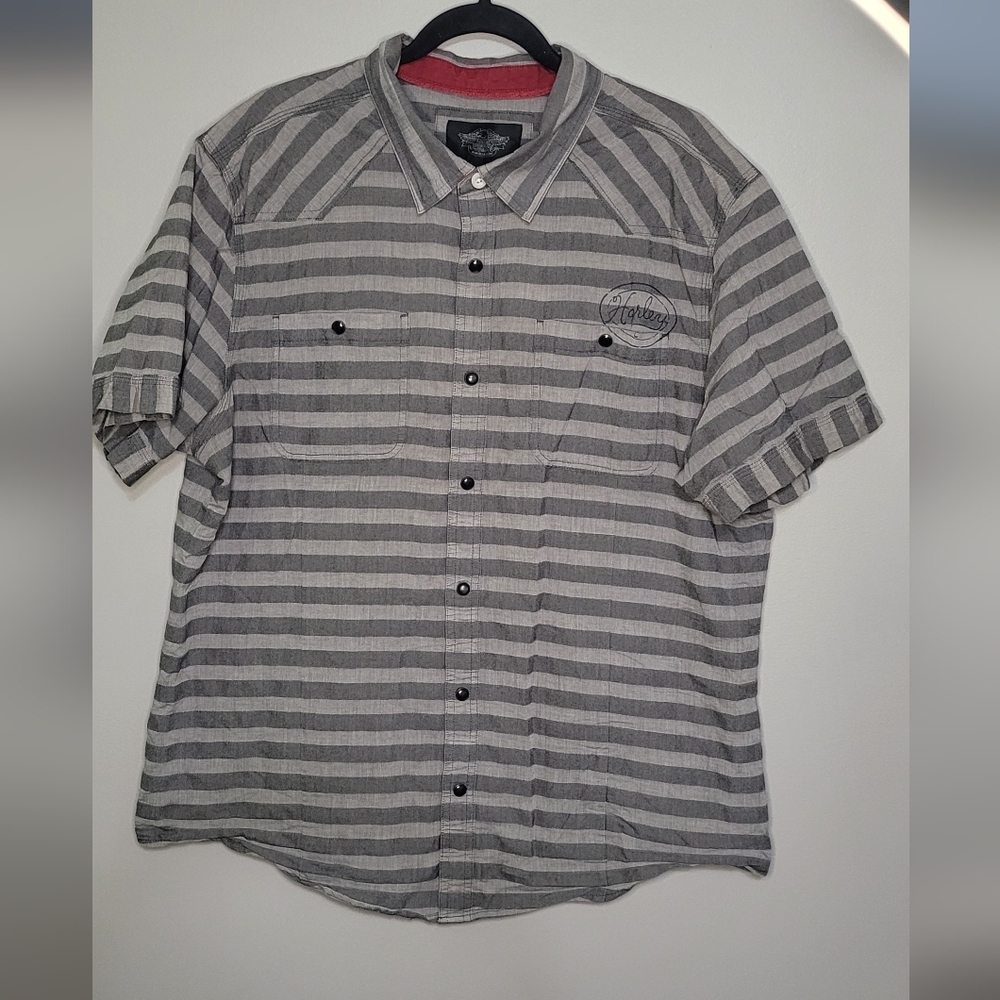 Harley-Davidson Gray Striped Casual Shirt Snap Closure XL